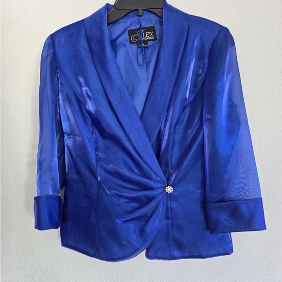 Alex Evenings Satin Jacket Woman Small Blue Collared 3/4 Sleeve Exellent - Picture 2 of 13